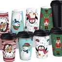 RUSPEPA Disposable Paper Coffee Cups with Lids 16 oz - 48 Pack Snowman and Nutcracker Soldier Design Printed Paper Drinking Cups, Thickened Paper Style for Hot/Cold Beverages, Home, Business and Cafe