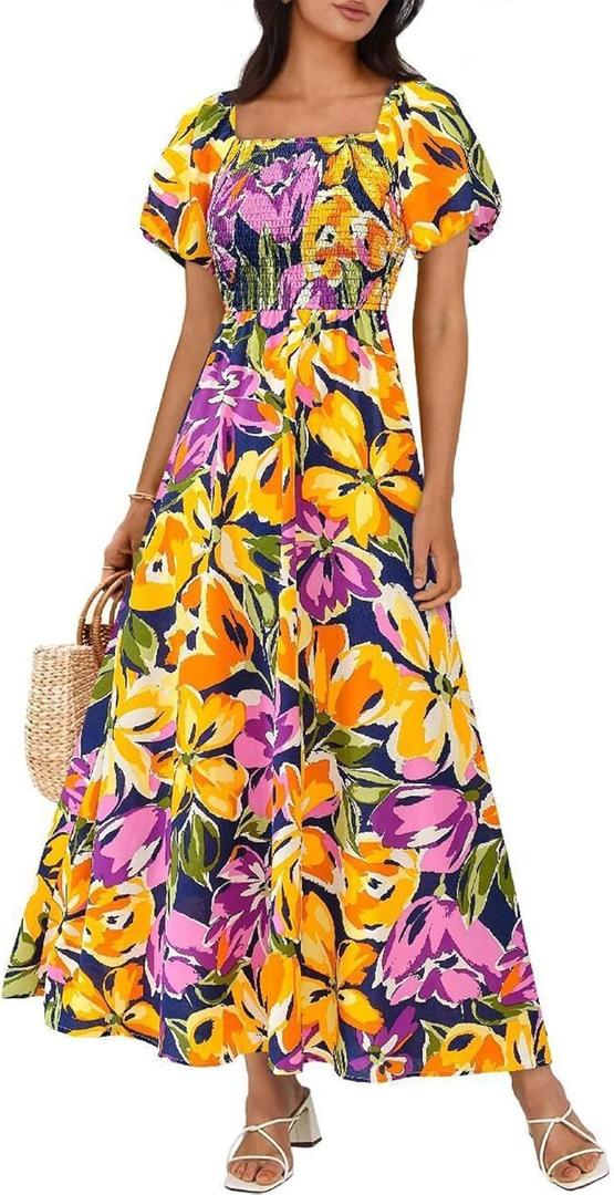 BTFBM Womens Spring 2026 Casual Maxi Dresses Short Sleeve Smocked Tiered Floral Boho Long Beach Dress with Pockets (XXL)