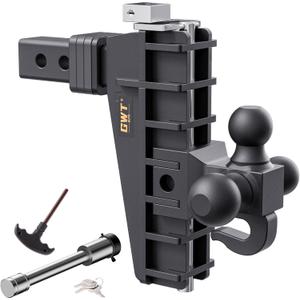 Adjustable Trailer Hitch with Hook, Tri-Ball (1-7/8" x 2" x 2-5/16") Drop Hitch, Fits 2-Inch Receiver, 8 Inch Drop Hitch, 18500 LBS GTW-Class 3 Tow Hitch for Heavy Duty Truck, Black, Solid Ball Mount