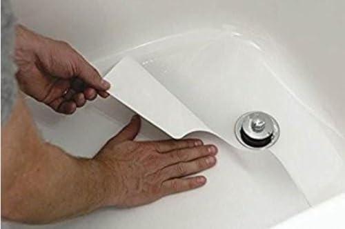 Safe Way Traction 16" X 40" White Adhesive Vinyl Anti Slip Non Skid Safety Bath Mat with Drain Cut Out