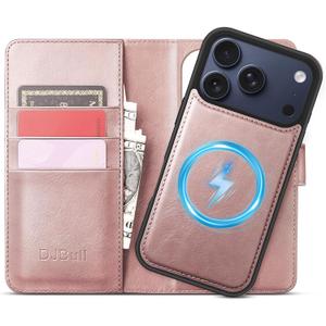 DJBull 2-in-1 Detachable Wallet Case for iPhone 17 Pro Max 6.9" RFID Blocking Flip Folio with Card Holder | PU Leather Shockproof Protective Cover Women Men for Apple 17 Pro Max Phone Case Pink
