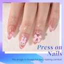 Easter Pink Cute Bunny Teens Press On Nails Medium Almond Fake Nails for Girls With 3D Flower Bow Tie. French Tip Acrylic False Nails, Salon-Quality Reusable Nails for Women(No Glue Included)
