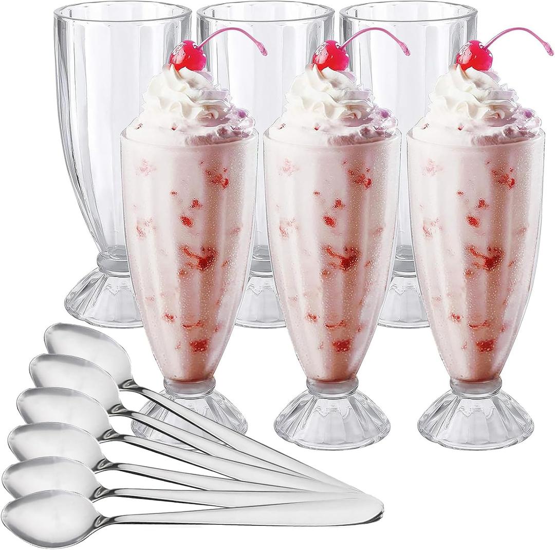 Cedilis Set of 6 Milkshake Glass, 12oz Old Fashion Sundae Cups, Retro Ice Cream Float Glasses, Heavy Base Soda Fountain Glassware with 6 Long Stainless Steel Spoons