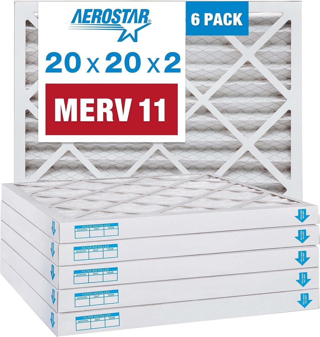 Aerostar 20x20x2 MERV 11 - 6 Count - Pleated HVAC, Furnace & Air Conditioner Filters - Removes Dust, Cold & Flu Germs, Lint, Mold, Pet Dander, Allergy-Causing Pollen, Smog & Smoke
