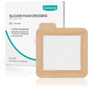 Dimora Large Bandage Ultra Soft Wound Dressing - Bordered Silicone Adhesive Foam Dressing 7"x7" (5"x5"pad) for Bed Sores,Burn Treatment,Large Surgical Wound,Diabetic Ulcers,5 Pack