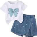 GOLLUNER 6-12Y Girls Summer Clothes Short Sleeve Bow Print T-Shirt Denim Skirt Shorts Set Tween Girls Outfits Set (7-8Y)