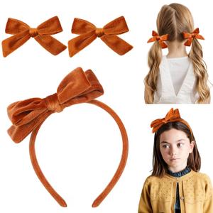 DEEKA Orange Brown Velvet Bow Headband & 2 Pcs Velvet Hair Bows Set Uniform Hair Accessories Hair Band for Little Toddler School Girls -Orange Brown (Caramel)