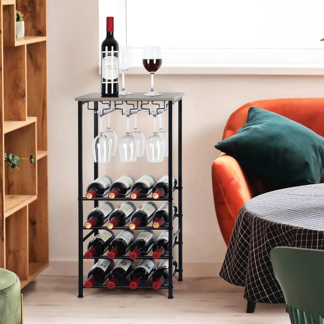 OYEAL Wine Bottle Holder, Wine Rack Freestanding Floor with Glass Holder Rack, Wood Tabletop & 16 Bottles Holder, Wine Liquor Cabinet Bar for Home Kitchen, Dining Living Room, Gray Oak