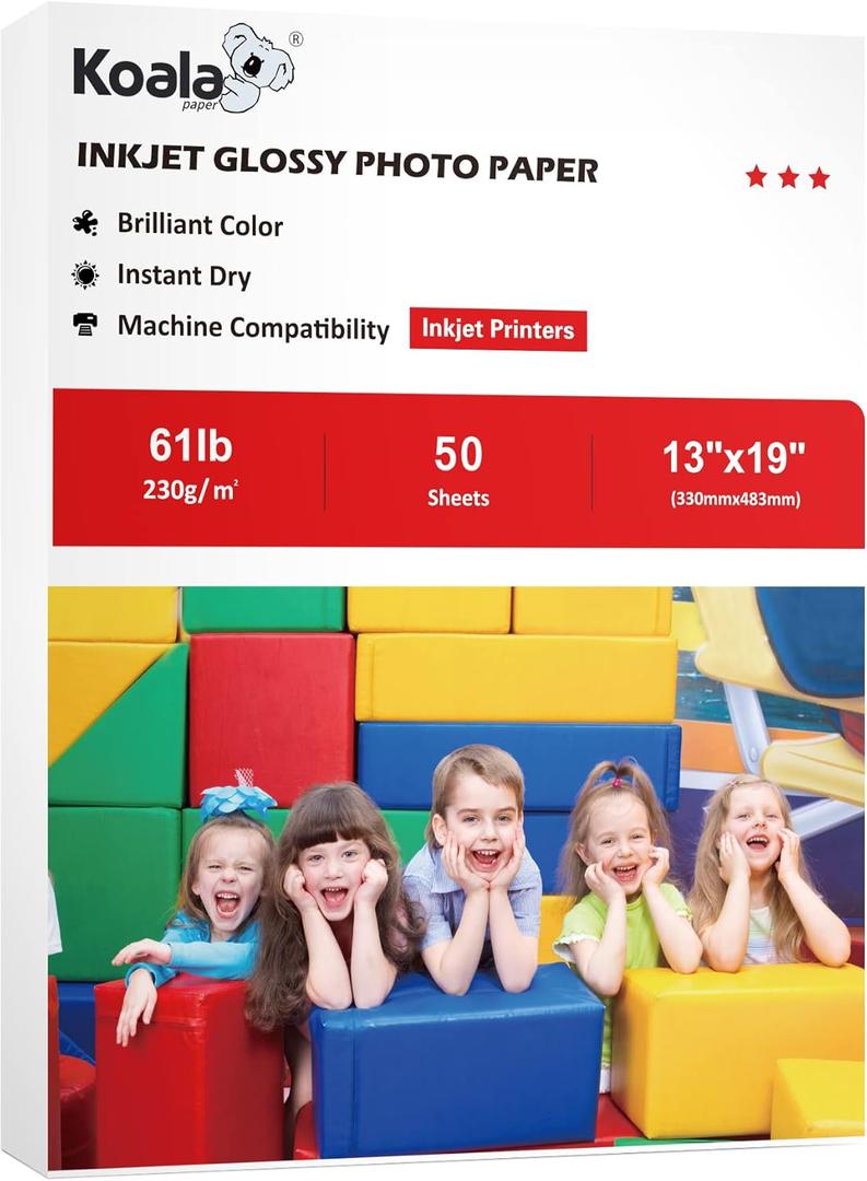 Koala Heavyweight Thick Glossy Photo Paper 13X19 Inches for Inkjet Printing Use Dye Ink 50 Sheets 61LB