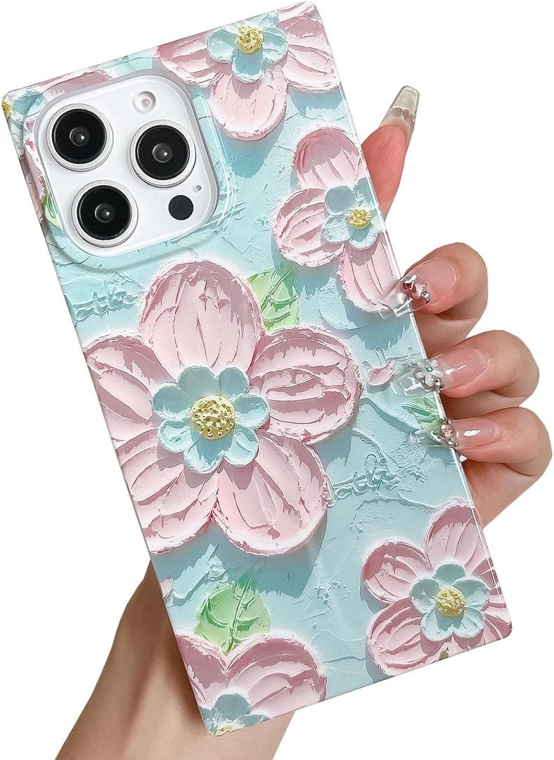 KERZZIL Elegent Girly 3D Flower Compatible with iPhone 13 Pro Rectangle Edge Case, Cute Floral Pattern Slim Soft TPU Protective Bumper Cases Cover(Blue,13 Pro)