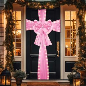 Suncalla Pink LED Front Door Bow Pink Large Door Ribbon Bow with Rhinestone Satin Festival Glowing Wrapping Bowtie Decorations