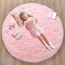 Pink Round Rug for Bedroom, 4Ft Fluffy Circle Area Rugs for Living Room, Shag Fuzzy Carpet for Kids Room, Nursery, Dorm, Classroom, Teen, Cute Baby Play Mat Home Decor Aesthetic
