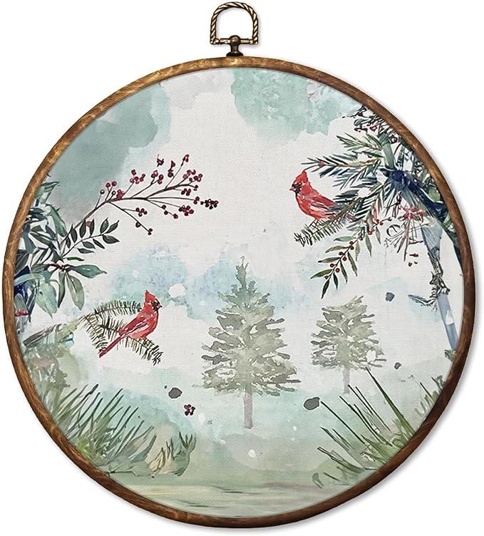 HUGANE Rustic Winter Cardinal Bird Round Wall Art Decor, Cozy Farmhouse Winter Red Cardinal Birding Hanging Canvas Framed Prints Wall Sculptures for Home Bedroom Living Room Decor, 10x10 Inch