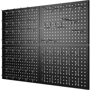 74PCS Pegboard Wall Organizer, 4 Pack Metal Pegboard Panels with 70 Hooks, 32" x 24" or 64" x 12" Black Peg Board for Walls, Garage, Craft Room, Cold-Rolled Steel