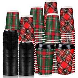 60 Pack 16 oz Christmas Disposable Coffee Cups Set Plaid Paper Cups with Lids Xmas Buffalo Check Decor for Hot Cold Drinks Tea Hot Chocolate Hot Cocoa Holiday Party Supplies(Red and Green Plaid)