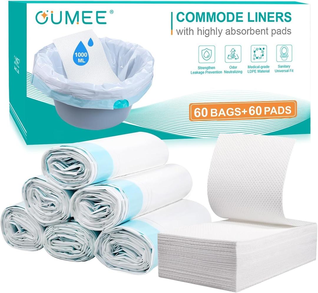 60 Commode Liners with Absorbent Pads, 60 Bedside Commode Liners and 60 Pads for Commode Bucket, Disposable Commode Bags for Adults, Portable Leak-Proof Potty Chair Liners (21 * 16in-60+60)