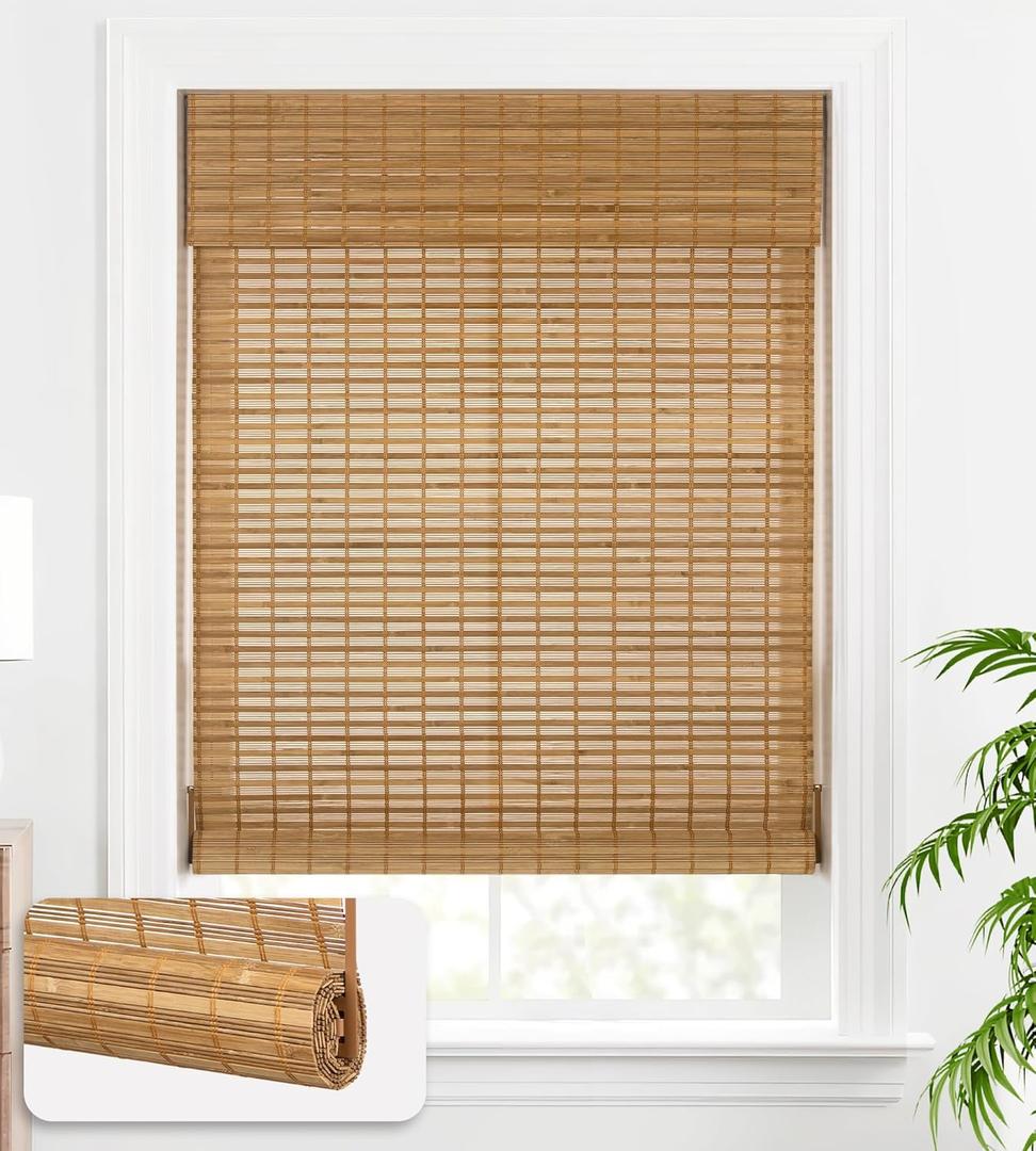 LazBlinds Cordless Bamboo Blinds, Bamboo Roll Up Shades for Windows, Light Filtering Wood Window Blinds for Indoor Home- Size: 25" W x 72'' H, Squirrel