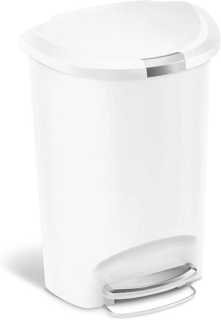 simplehuman 50 Liter Semi-Round Hands-Free Kitchen Step Soft-Close Lid Trash Can, White