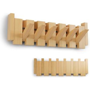 Wooden Coat Rack, Wall Mounted Handmade Natural Hook, Space-Saving Coat Hanger with 10 Flip-Down Hooks for Entryway, Bedroom, Bathroom Decoration (Beech C1, 6 Hooks)