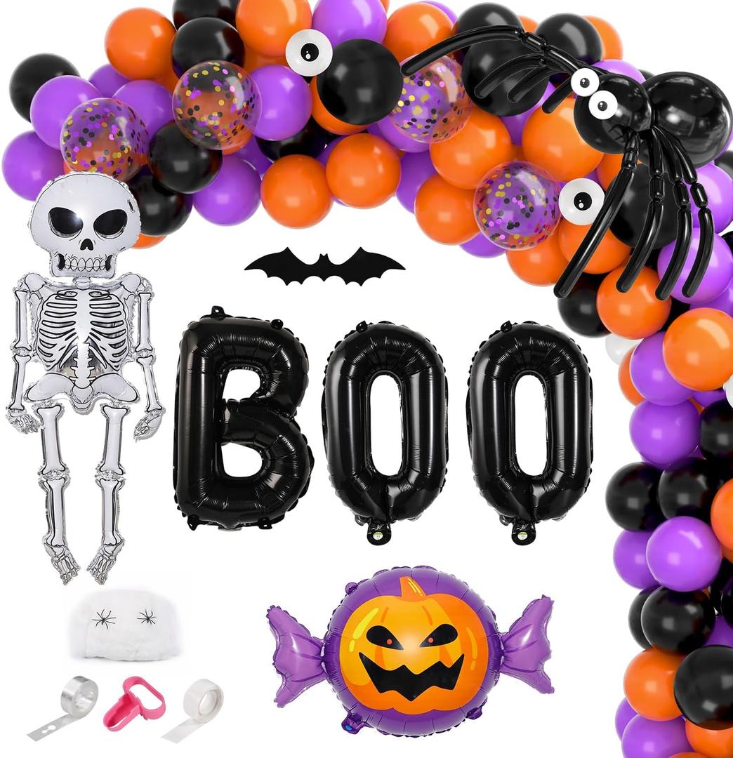 Garma Halloween Balloons Garland Arch Kit, 129pcs Black Orange Purple Balloon Decorations with Confetti Balloon Pumpkin Skeleton BOO Foil Balloons for Halloween Decorations Outdoor Party Supplies