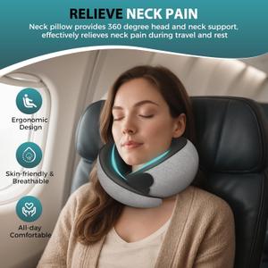 Travel Neck Pillows for Airplanes - 360° Ergonomic Memory Foam Travel Pillow - Relief Neck Pain with Breathable Support for Long Flights, Car, Train & Office Use - Adults & Kids (Gray)