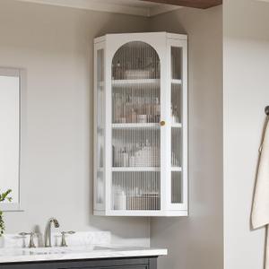 Bathroom Corner Wall Cabinet, Metal Medicine Cabinet with Glass Doors and Shelves, Hanging Corner Storage Cabinet for Bathroom, Kitchen, Laundry Room (White)