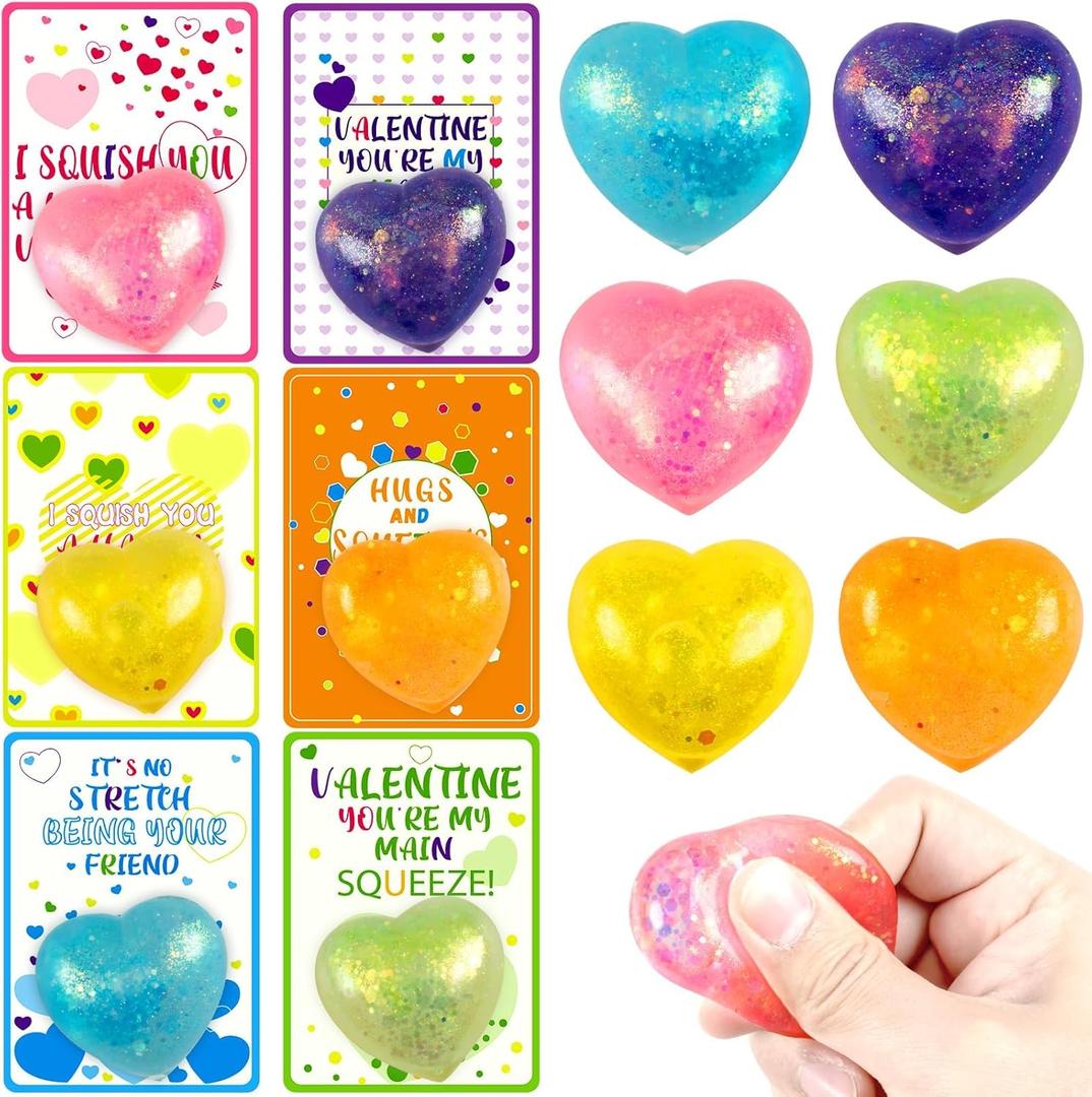 Valentines Stress Ball with Cards for Kids Classroom Favors - 24pcs Valentine's Heart Stress Ball Fidget Toys for Boys Girl Toddlers Valentines Day Party Favors Supplies
