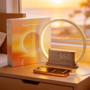 Alarm Clock with Sunrise & Sleep Sound Machine Natural Wake-Up Light, Dual Alarms & Snooze, 20 Soothing Sounds, Dimmable Clock & Night Light, for Heavy Sleepers & Adults, Deep Wood Grain