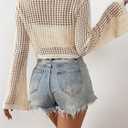 SHENHE Women's Crochet Cardigan Tie Front Tops Boho Bell Long Sleeve Lightweight Cover Up (Beige, M)