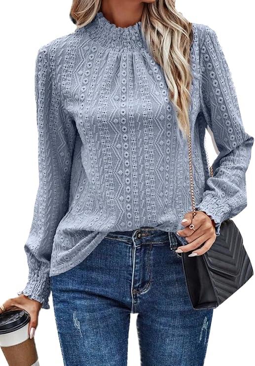 SKAYS Womens Eyelet Mock Neck Long Sleeve Shirts Top Blouses Dressy Casual Trendy Business Casual Stretch Hollow Out Tee Size S