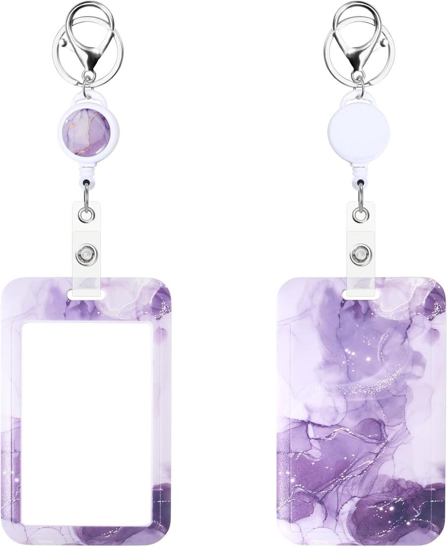 Sliding ID Card Badge Holder with Retractable Badge Reel Carabiner Clip Fashionable Vertical Card Protector for Women Men Teacher Student Nurse,Purple