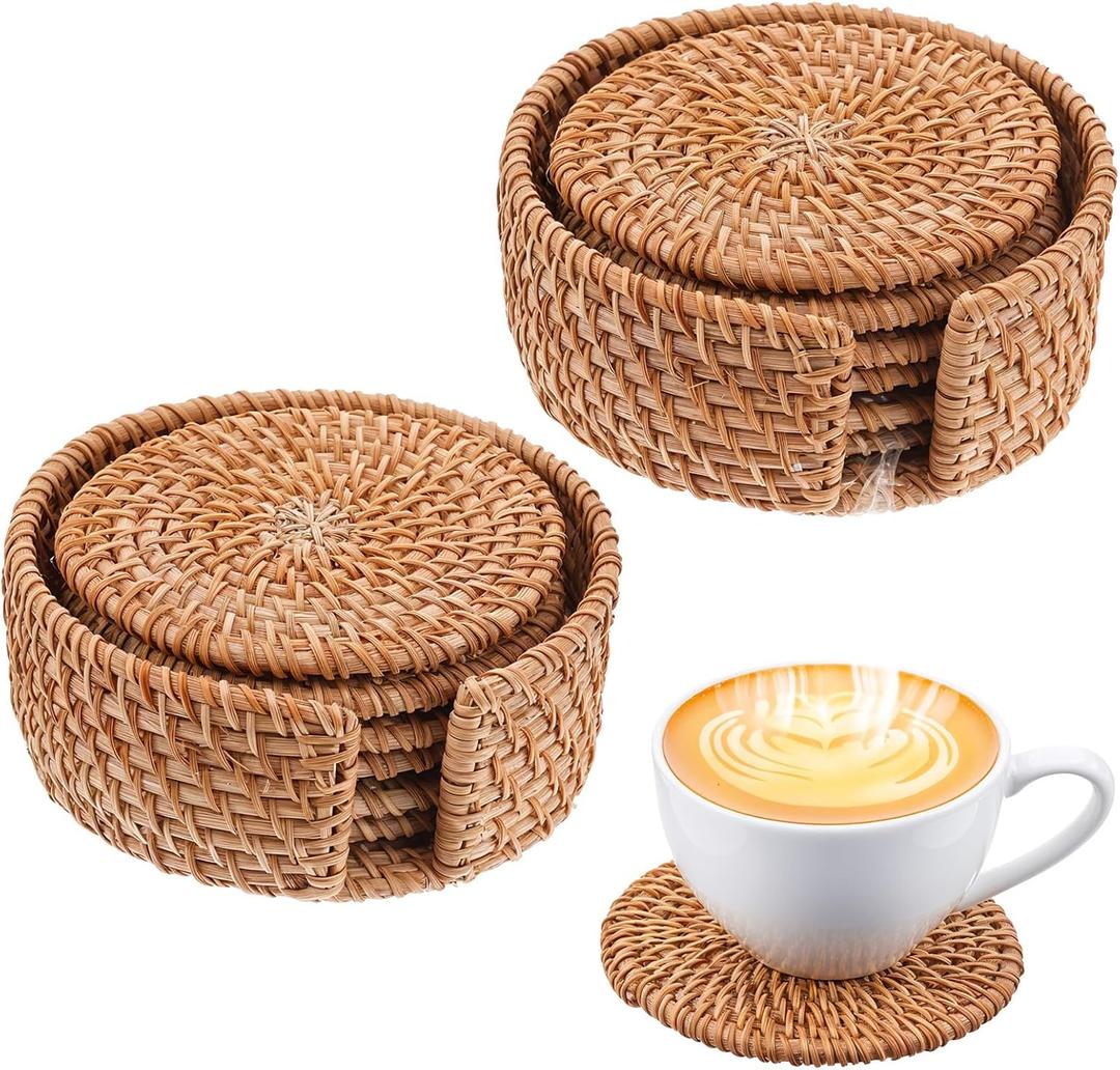 12 Pack Handmade Rattan Coasters with Holder, 4 Inch Natural Wicker Boho Drink Coasters Set, Heat Resistant Reusable Table Protectors for Home Decor, Brown