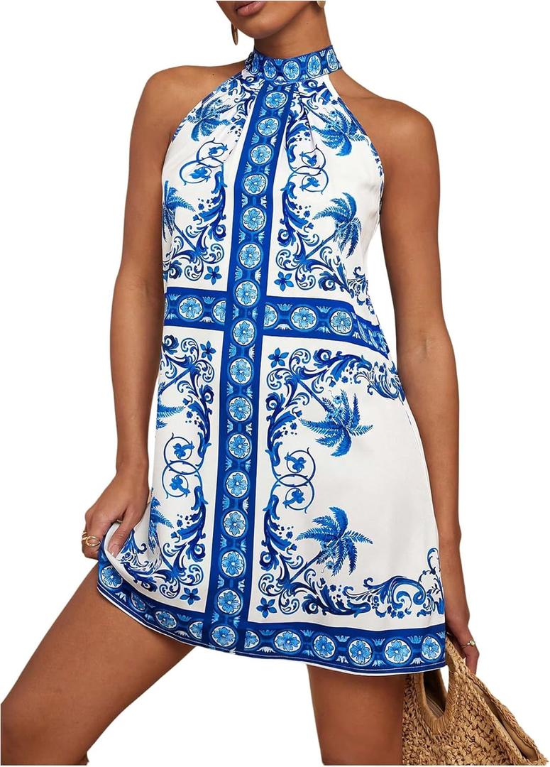 Floerns Women's Sleeveless Floral Print Sundress Halter Neck A Line Short Dress Blue and White Medium