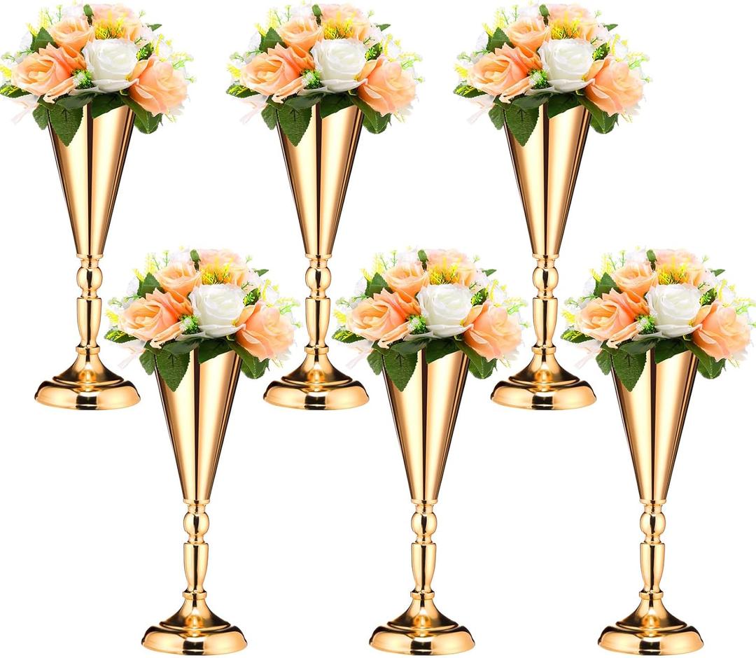 Potchen 6 Pcs Flower Trumpet Gold Vase Tabletop Centerpiece Gold Tall Flower Vases Bulk Wedding Table Decorative Centerpiece Table Decorations Arrangements for Floral Party Anniversary Birthday(M)