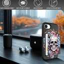 Compatible for iPhone 16e & 17e Case with Card Holder Cute - Kawaii Design Military-Grade Drop Protection Rugged Wallet Cases for Women (Black Skull Floral)