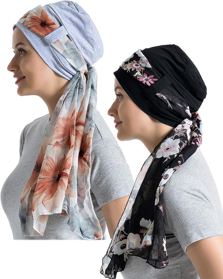 JarseHera Bamboo Cotton Liner Chemo Headwear for Womenwith Silky Scarfs for Cancer Hair Loss Sleep Caps Beanie (Black+Gray,2 Pair, One Size Fit Most)