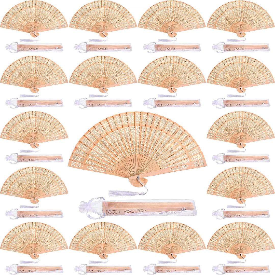 Qunclay 60Pcs Wooden Hand Fans Folding Wedding Fans for Guest Chinese Hollow Pattern with White Tassel and Gift Bag for Wedding Bridal Shower Birthday Party Favors Gift and Home Decor(Delicate Style)