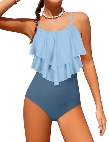 Tomolant Girls Swimsuit, Teen Swimsuits for Girls 12-14 Color Block One Piece Bathing Suit 2-Tiered Ruffle Bathing Suit with Chest Pad Adjustable Straps Swimwear 13-14 Y