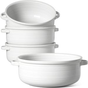 LE TAUCI Soup Bowls with Handles - 22 oz Lead-Free Ceramic French Onion Crocks, Oven and Microwave Safe, Heat-Resistant Design, Stackable, Dishwasher Safe, Set of 4, White