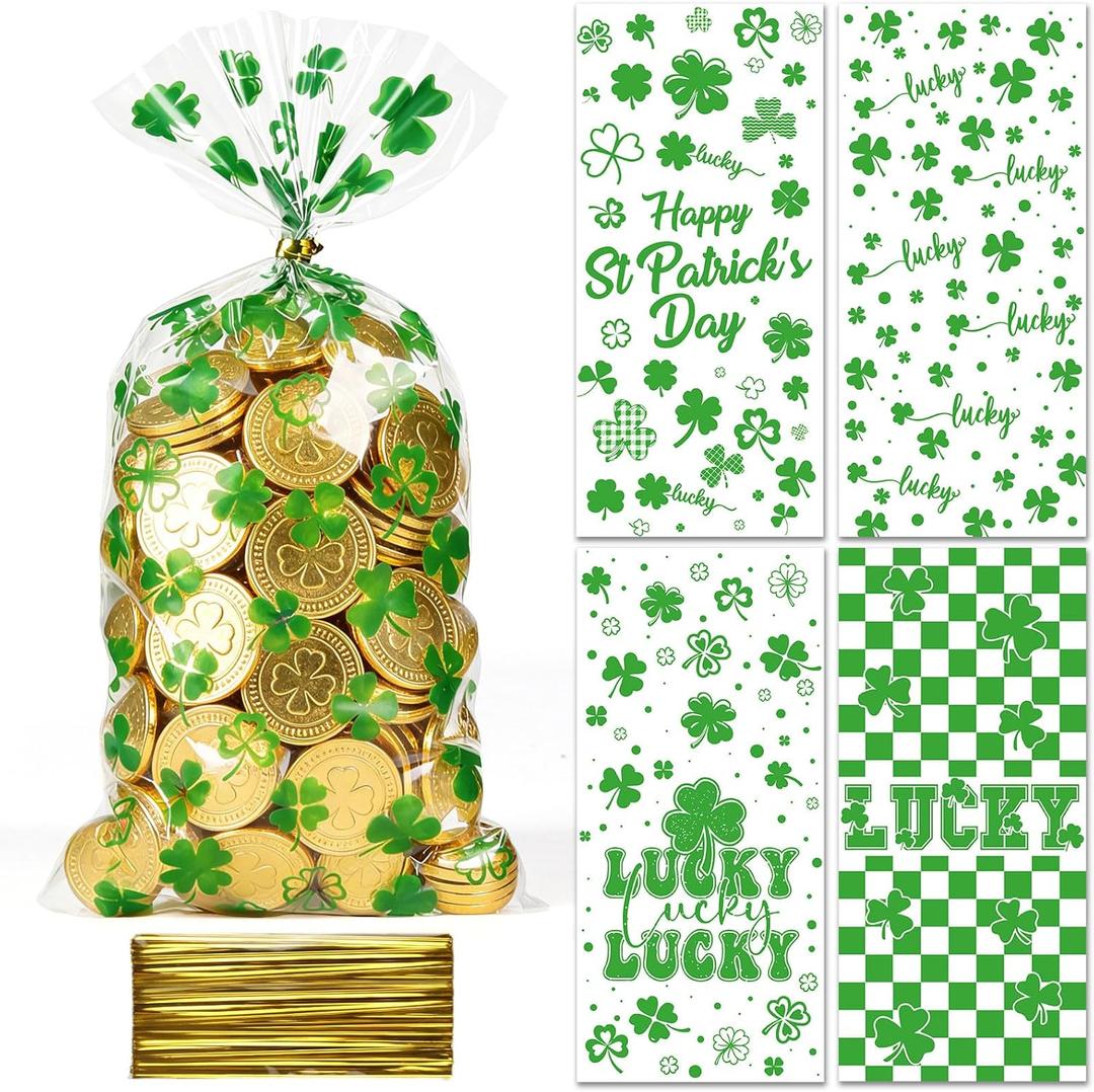 Vovocas St. Patrick's Day Treat Bags, St Patricks Day Goodie Gift Bags - Happy St Patrick's Lucky Clear Bag, 100PCS Saint Patricks Shamrock Baggies, Green Party Favor Cellophane Bag with Twist Ties