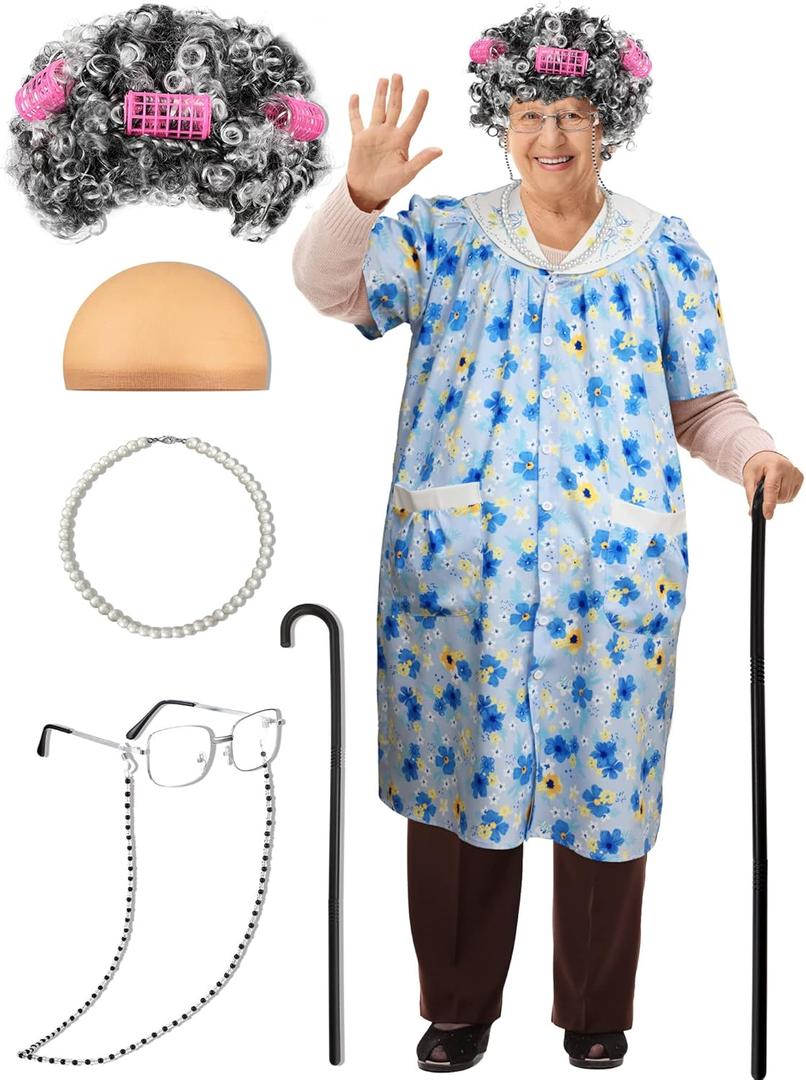 Jiuguva 7 Pcs Old Lady Costume for Kids Girls, 100th Days of School Costume for Kids Granny Nightgown Wig Cane Grandma Dress (Small)