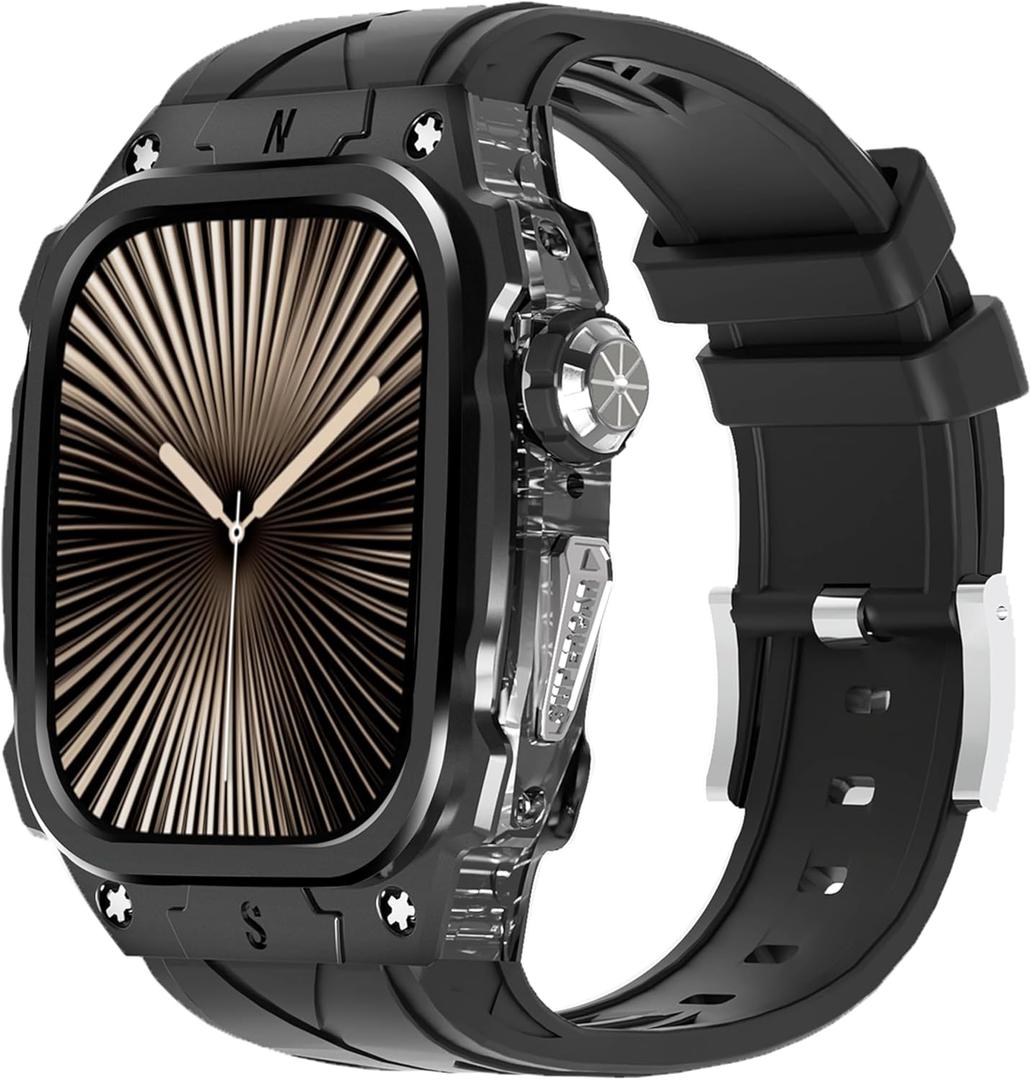 Luxury Metal Case for Apple Watch Series 10/11 46mm Band with Cover Heavy Duty Rugged Case Silicon Strap for men iWatch Series 10/11 46mm Full Protective Cover (Black)