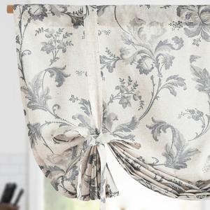 jinchan Tie Up Valance Curtain Floral Linen Gray for Windows Farmhouse 54 Inch Damask Printed Short Window Treatment Adjustable Length for Kitchen Living Room Light Filtering 1 Panel Grey on Linen