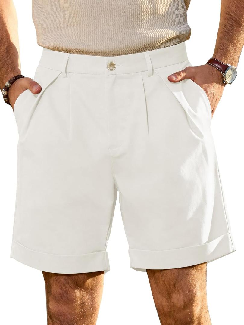 JEMLDL Men's Cotton Linen Shorts 7.5" Casual Pleated Summer Vacation Beach Elastic Waist Shorts with Pockets (White, M)