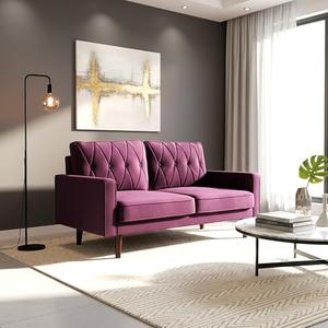 Container Furniture Orion Modern Style Tufted Velvet Couch for Living Room with Soft Fabric Upholstery and Solid Wood Frame, 57.5'' Wide Loveseat, Eggplant