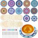 Patelai 24 Pcs Rangoli Coaster Kit Wooden Mandala Painting Set with Markers for Crafts Unfinished Color Your Own DIY Coaster for Adults Wedding Home Ornament Decor