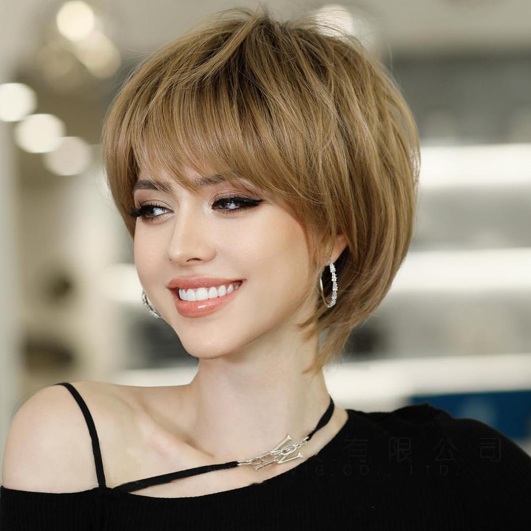 Pixie Cut Short Real Hair Wigs Layered Wigs Human Hair Lightweight Breathable Capless Glueless Natural Look for Everyday Wear Golden Brown Color (10inch,Golden Brown)