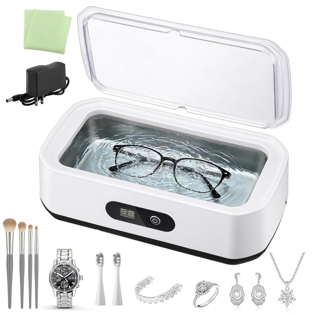 Ultrasonic Jewelry Cleaner, 49 KHz Ultrasonic Cleaner Machine for Jewelry Glasses Rings Watch Strap Dentures Retainer Coin Earring with 5 Timers, 304 Stainless Steel, 22 Oz Dental Cleaning Pod