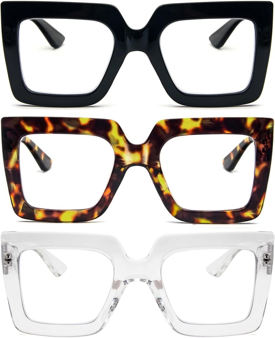REAVEE 3 Pack Oversized Reading Glasses for Women Large Frame Extra Wide, Blue Light Blocking Readers Stylish Square Thick Eyewear, Black Leopard Clear,  +2.25