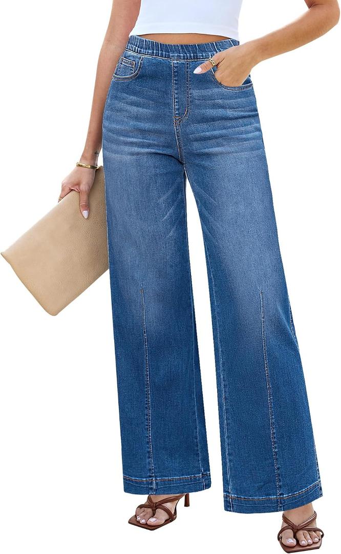 LookbookStore Wide Leg Jeans for Women Trendy High Waisted Trousers Stretchy Baggy Denim Pants (Blue)